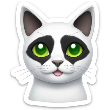 Black cat with a black face, a white stripe down his nose, green eyes, cuts in his ears, and a white chest v shape. Thee should be a small patch of white under the noise, above the lip sticker