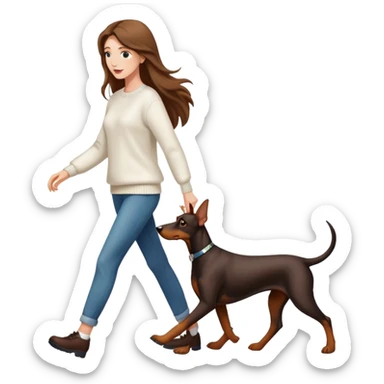 A beautiful long-haired white woman wearing a white sweater walking a Doberman sticker