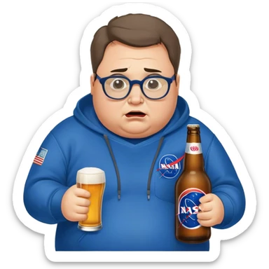  chubby weepy salesperson, beer bottle, complaining, not much hair, blue nasa sweatshirt, with glasses, 40 years old sticker