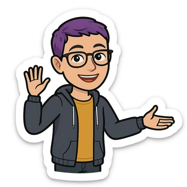 bitmoji style non-binary person with short purple hair, friendly wave, welcoming gesture sticker