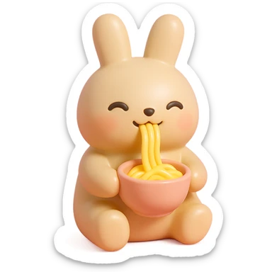 beige bunny happily slurping noodles in vinyl figure style sticker