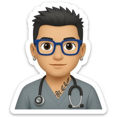 Dr. Efrén Rivera Santiago, a doctor with short spiked hair, gray scrubs, tattoos, and hook earrings, exudes professionalism and warmth. emoji style, with blue square glasses sticker