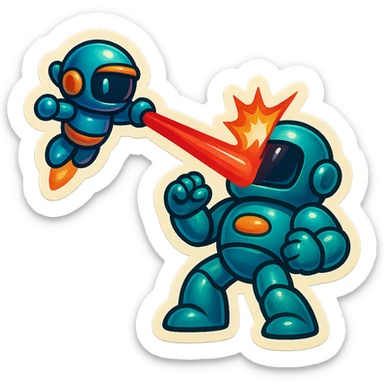 new character...robot being hit with a red beam by a flying robot sticker