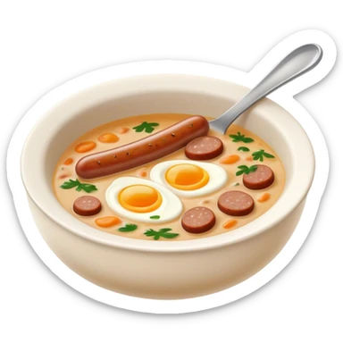 Cinematic Realistic ≈ªurek Soup Dish Emoji, depicted as a tangy, creamy rye soup with sausage and egg rendered with detailed textures and warm, comforting lighting. sticker