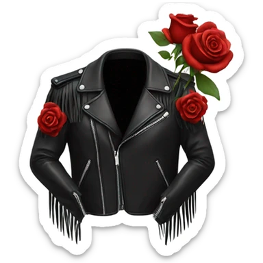 black leather jacket with fringe and red roses on the shoulders  sticker
