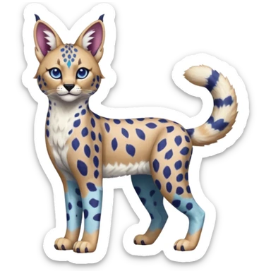 Colorful bluish cute adorable tropical exotic fruity blueberry-themed rosy Caracal-Cheetah-Serval-Snow-Leopard-Trico-Sergal-Vernid-fusion-hybrid-animal-creature, full body, with tribal markings sticker