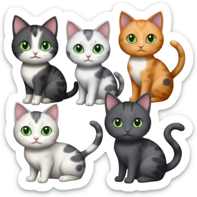 3 different coloured small cats including a dark grey and white, and a patchy calico and a completely solid dark grey with green eyes and only white paws sticker