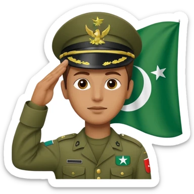 soldier saluting in front of the flag of Pakistan with the flag waving sticker