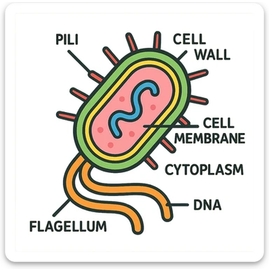 bacteria with cell organs cross-section, clear labels, educational diagram style sticker