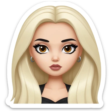 pretty bratz baddie, black eyeliner, medium white skin, jet-black long hair, dark brown eyes sticker