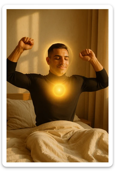 A cinematic photo of a man stretching in bed just after waking up, the morning sunlight flooding the room. His skin glows slightly, expression rested and serene. Muscles subtly defined, energy flowing through his posture. The air is filled with a golden calm. A symbolic glow surrounds his head and chest, representing mental clarity and physical recovery. The scene is clean, natural, minimalist. Rich in textures and realistic warmth. sticker