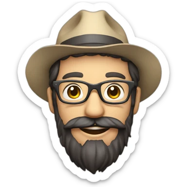 happy smile gardener face long dark beard and very short dark hair with little transparent glasses and a hat sticker