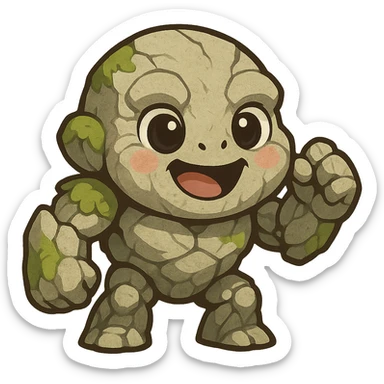 Tiny from Dota 2 in a cute chibi-style cartoon redesign, round proportions, big eyes, playful expression sticker