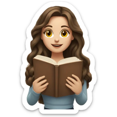 white woman brunette long wavy hair highlights woman while holding large stack of books sticker