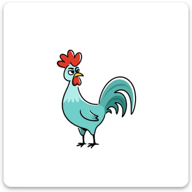 A silly cross-eyed rooster chicken with bright blue-green feathers, red comb, long neck, skinny legs, and confused expression sticker