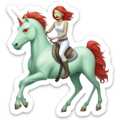 [politically incorrect
	{ woman: alien, color: light green, hair:red, eyes:cat} ]
	on a 
	[{ unicorn: white, legged:four, mane: light blue }] sticker