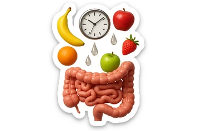 frutta mista cade dall'alto verticalmente insieme a 3 gocce di acqua 3d e un orologio da parete, davanti a questi elementi c'è un intestino umano anatomico iperrealistico sticker