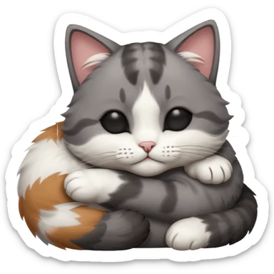 dark grey and white small cat with his eyes closed, leaning his head on his paw while leaning on his elbow lying down sticker