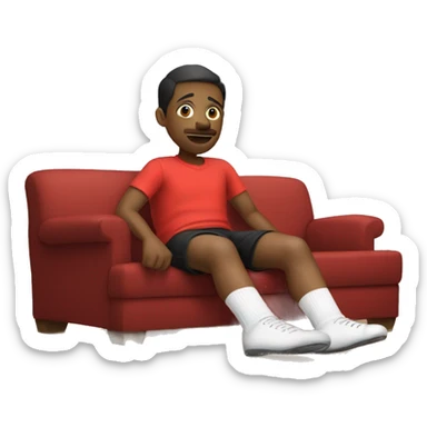 The image show a legs sitting on couch. They are wearing a dirty socks and red shorts. Their legs are extended, with one foot closer to the camera. The person is wearing white socks with black text near the top, one of which is on the floor. sticker