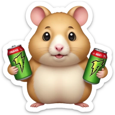 Funny cartoon-style fat hamster wide eyed like a crackhead holding a can of monster energy in one hand and redbull in the other hand sticker