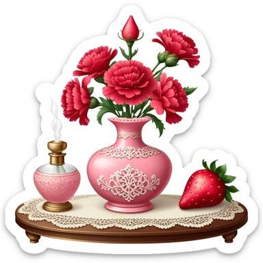 An ornate glass perfume bottle in Petal Pink with a vintage atomizer rests on an antique lace-covered table. Vibrant Strawberry Red carnations spill from a porcelain vase nearby, their fragrance mingling with the soft floral scent of the perfume.  sticker