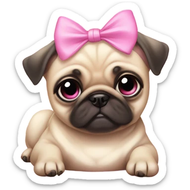 Baby pug with big pink
eyes lying down with a pink bow above 1 ear sticker