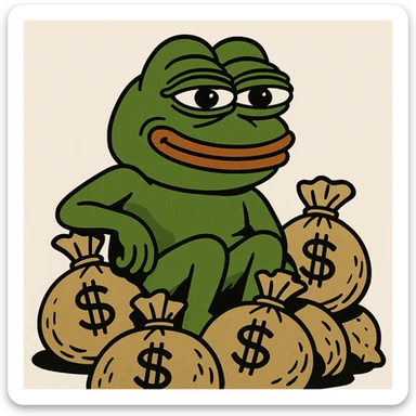 Pepe the Frog sitting on a pile of money bags, grinning sticker