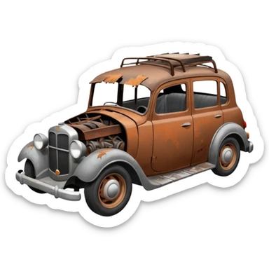 Side view of a broken-down old car with steam from the open bonnet, shattered windows, rusted doors, a flat tire, dents, peeling paint, and a grimy, neglected look. sticker