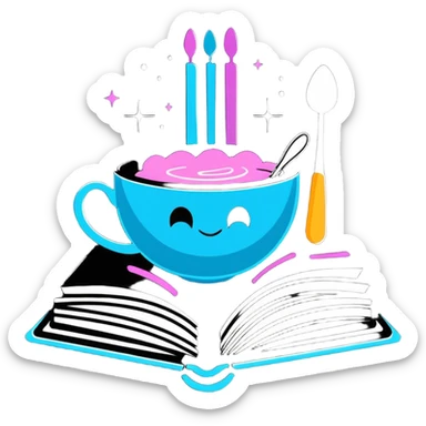 Mystical cookbook with glowing fork and spoon symbol on its cover, radiating magical light and surrounded by floating sparkles sticker