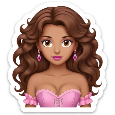 Une femme à la peau mat et aux cheveux long, châtain et ondulé. Elle a les yeux marron et elle est maquiller, elle porte un corset rose.  sticker