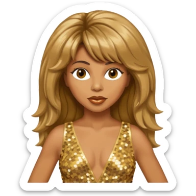 Tina Turner with long light brown hair, gold outfit sticker