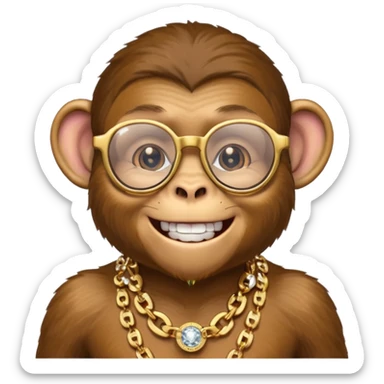 rich monkey (actual monkey, not human looking) with glasses smiling with diamond grillz and a bitcoin golden chain with diamond pearls sticker