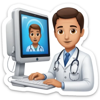 doctor at a computer communicating with a patient sticker