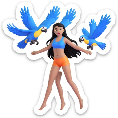 woman with long straight black hair, light brown skin, with blue macaws flying around her, and the three arches of Atalaia Beach (Aracaju-SE) in the background sticker