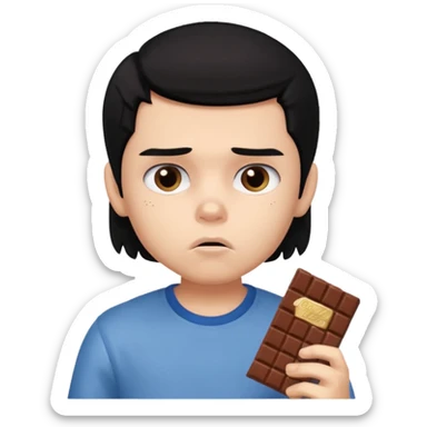 a PRETTY BRATZ boy with black hair eating chocolate and looking sad sticker