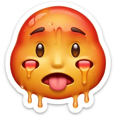 Apple-style emoji illustration of a melted, overheated face with sweat drops, half-closed exhausted eyes, tongue slightly out, warm orange and red tones, soft 3D emoji style, smooth gradients, rounded shapes, simple expression, centered composition, transparent background, no text. sticker