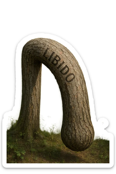 Realistic, vertical 4K illustration: a hyperrealistic tree trunk in a forest setting, noticeably bent, drooping, or wilted instead of standing upright. The bark is textured and detailed WITH THE WORD "LIBIDO" PRINTED ON IT, with subtle cracks and faded colors suggesting loss of vitality. Soft, natural light filters through the surrounding trees, casting gentle shadows. The scene is quiet and contemplative, with the trunk’s unusual, slumped posture symbolizing a decline in male libido. The background is lush and detailed, but the focus remains on the central, softened trunk, evoking a sense of vulnerability and introspection. sticker