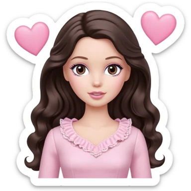 A white Barbie girl with long dark brown wavy hair in pale pink clothes has pale pink hearts instead of eyes sticker