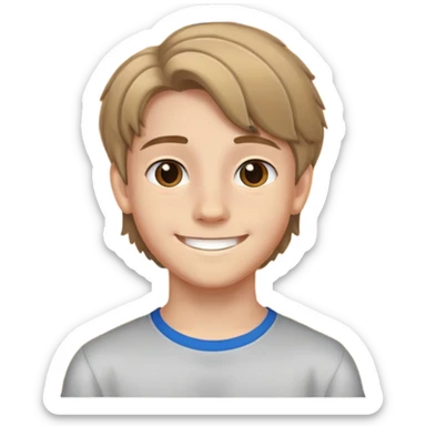 Teen boy with light complexion, brown curtain hair, middle part hairstyle, smiling face, 14 years old sticker