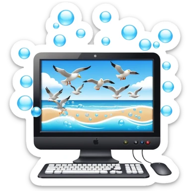 desktop computer on beach with bubbles and seagulls in the sky sticker