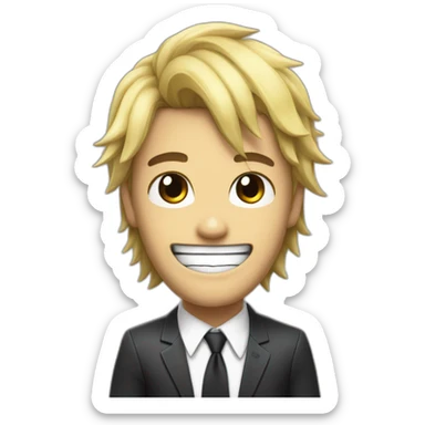 Denji with his blond hair in a shaggy style, brown eyes, with his shark teeth, is smiling evil and with a shirt with a black tie from chainsawman sticker