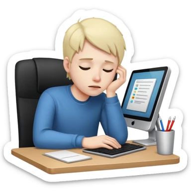 young programmer exhausted head on desk at the computer sticker