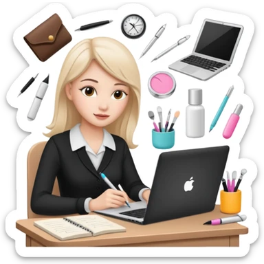 CREATE ME A BEAUTY STUDENT LEARNING A COURSE ON A LAPTOP, ADD BEAUTY TOOLS AROUND, AND NOTES sticker