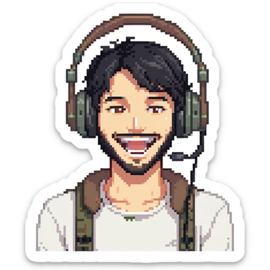 anime style laughing man with black hair, brown eyes, black beard wearing gaming headset sticker