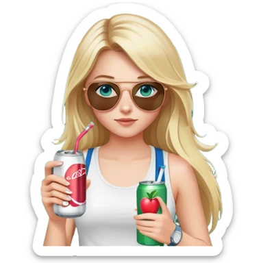 girl with long blond hair
with blue eyes
and aviator sunglasses
wearing white tank top 
holding one soda can without straw
wearing (rose gold apple watch with forest green band) sticker