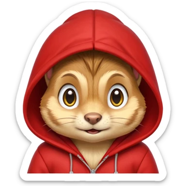 Portrait of a cute cartoon chipmunk with light brown and beige fur, wearing a red hoodie no zip with a yellow 'A' on it, big round eyes, small nose, and a mischievous grin, front-facing, stylized in animated movie style sticker