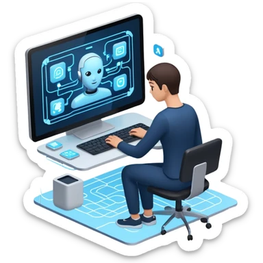 create an isometric analogous to showcase AI embedded experience in workflows, include the word AI sticker