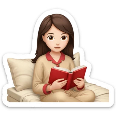 Девушка брюнетка с длинными волосами, карими глазами в пижаме с книгой. Картинка должна были в цветах: бежевый, бледно красный и коричневый sticker