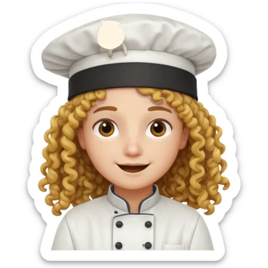 Long curly hair, happy, wearing chef uniform and chef hat sticker