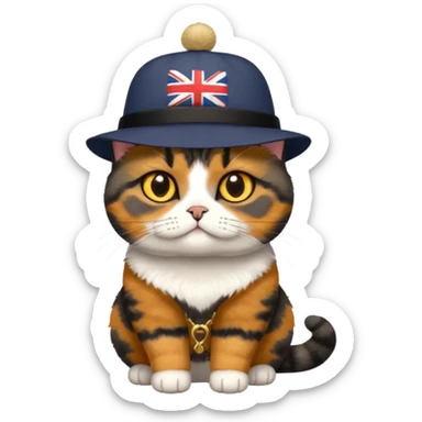 mostly black tortie cat, gold eyes, british hat sticker